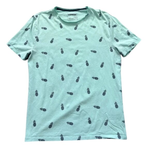Express Tops - Express Women’s Light Turquoise Short Sleeve T-Shirt Navy Pineapple Print Size M